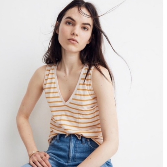 Madewell Tops - MADEWELL Whisper Cotton V-neck Pocket Stripe Tank